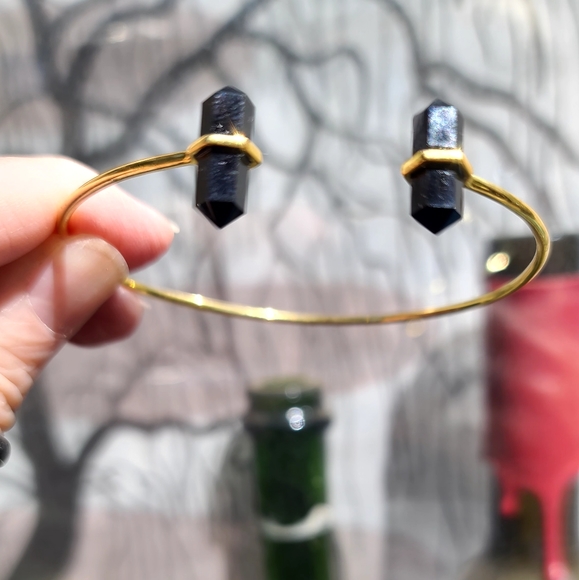 Black Onyx dual points gemstone Sterling &Gold bangle - Picture 4 of 7
